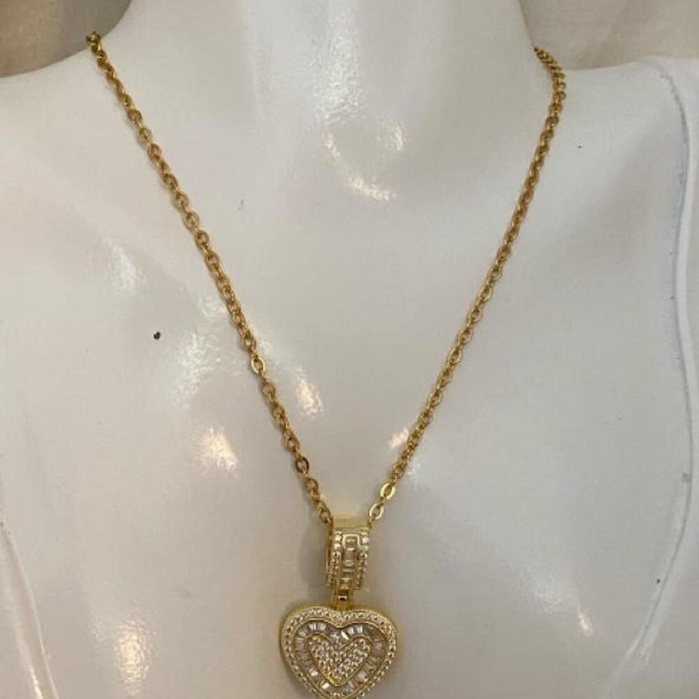 Gold Tone CZ Heart Pendant Necklace on 18K Gold Plated Chain